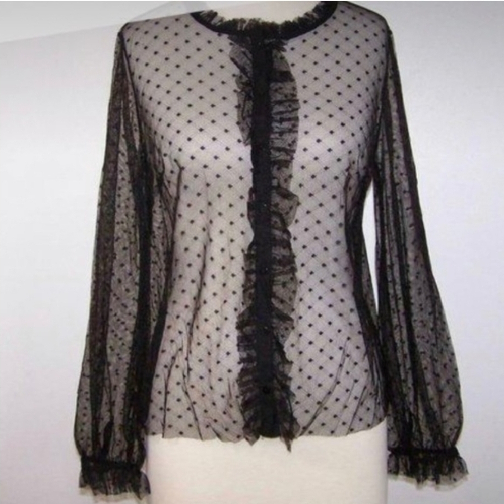 Vintage Black Sheer Polka Dot Blouse